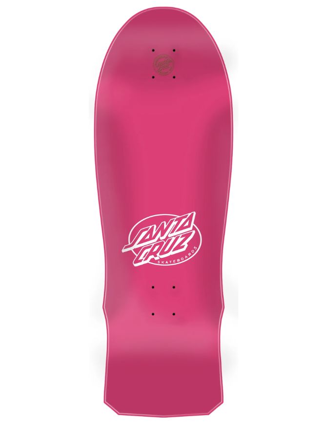 A pink Santa Cruz skateboard deck shown from the underside against a plain white background, featuring the white Santa Cruz logo in the center.
